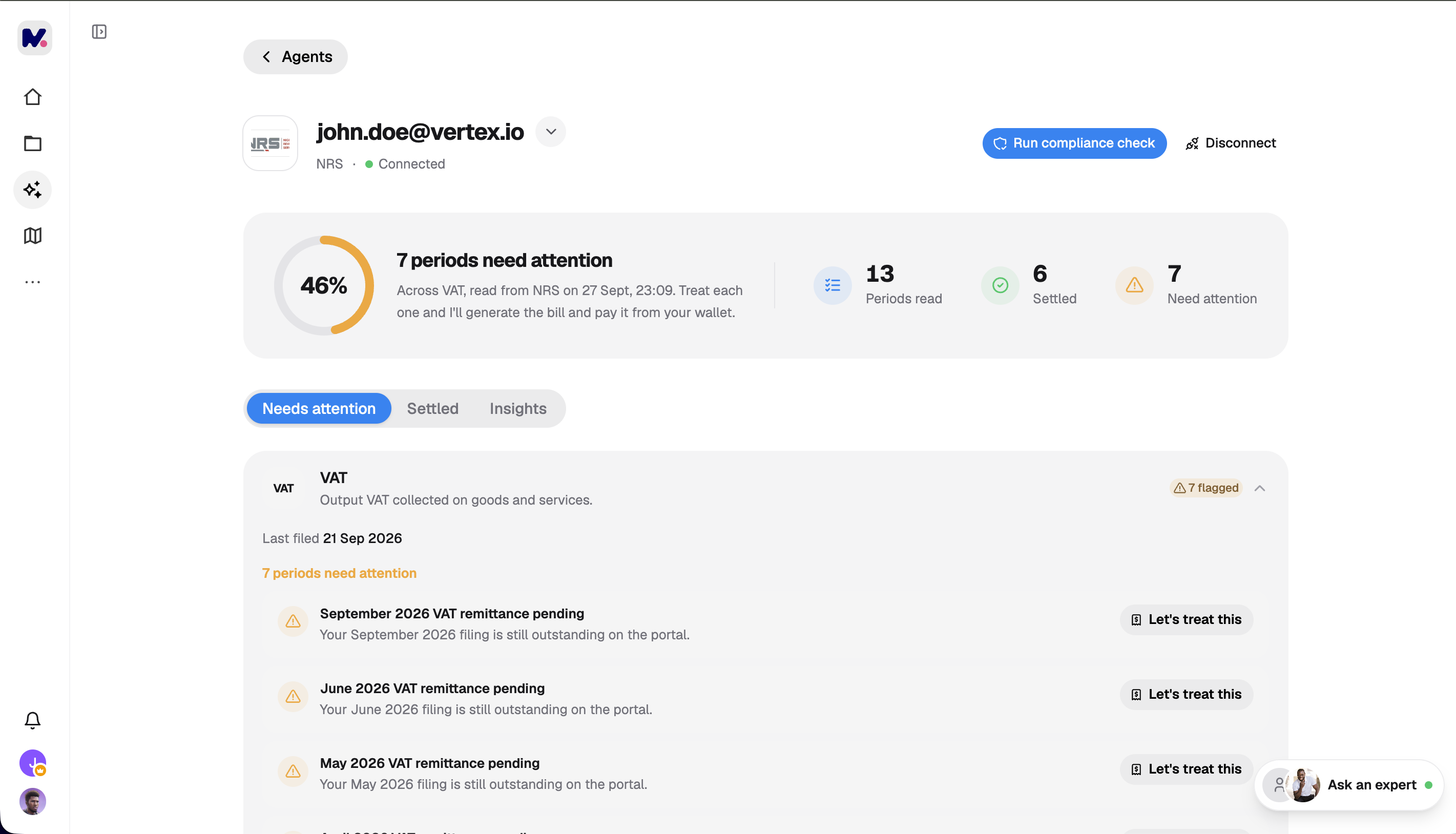 Tax Agent Compliance & VAT obligations dashboard